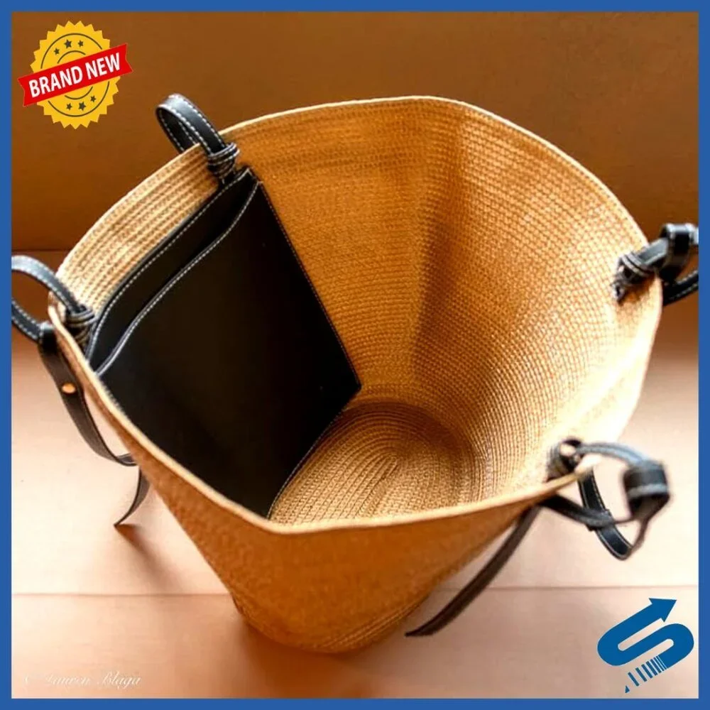 Straw Woven Tote Handbag Vegan Leather Straps Boho Beach Large Purse